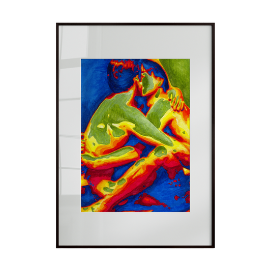 Framed abstract artwork with vibrant colors on a white background
