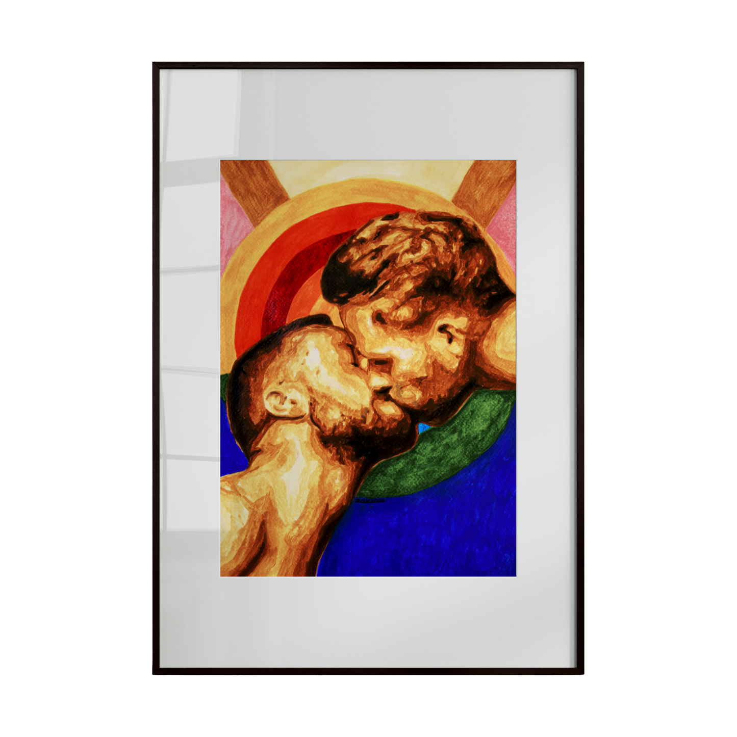 Framed artwork of two figures embracing with a colorful background.
