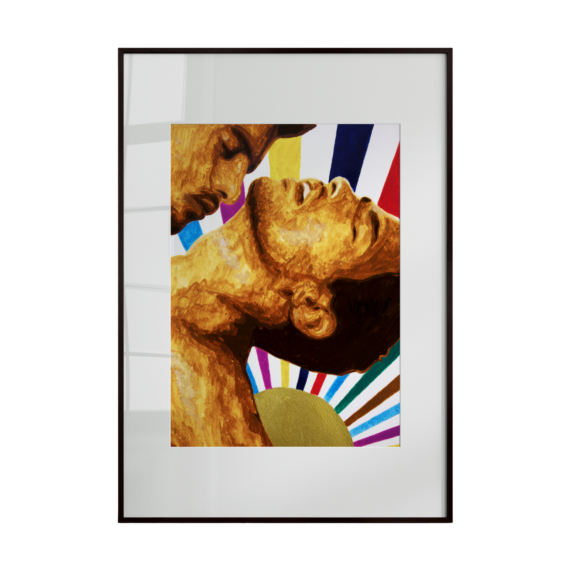 Framed artwork with classical sculpture and colorful abstract elements on a white background