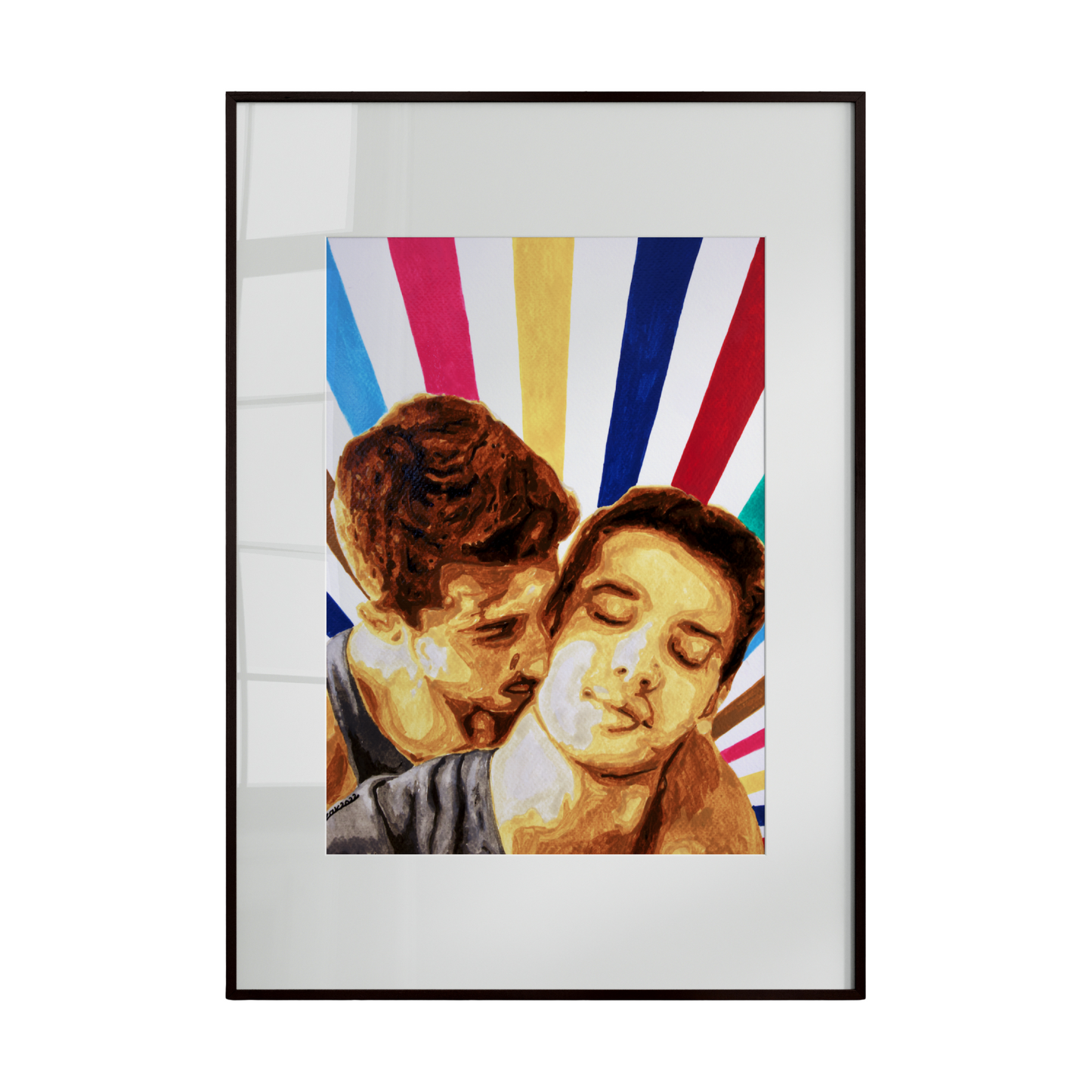 Framed artwork of two people embracing with a colorful abstract background