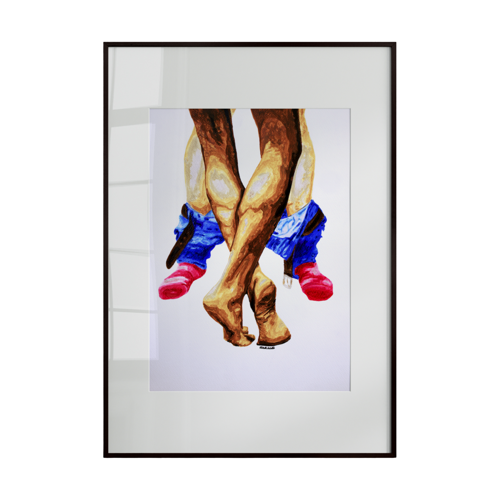 A watercolor artwork depicting the feet of two male partners. One pair is fully bare while the other is partially covered with socks and lowered underwear, set against a clean white background. The piece emphasizes intimacy, playful connection, and subtle eroticism through minimalistic composition.