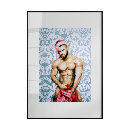 muscular nude male figure wearing a Santa hat and carrying a sack of gifts, set against a shimmering silver confetti background. The playful contrast between the figure’s strong physique and the festive elements creates a whimsical,