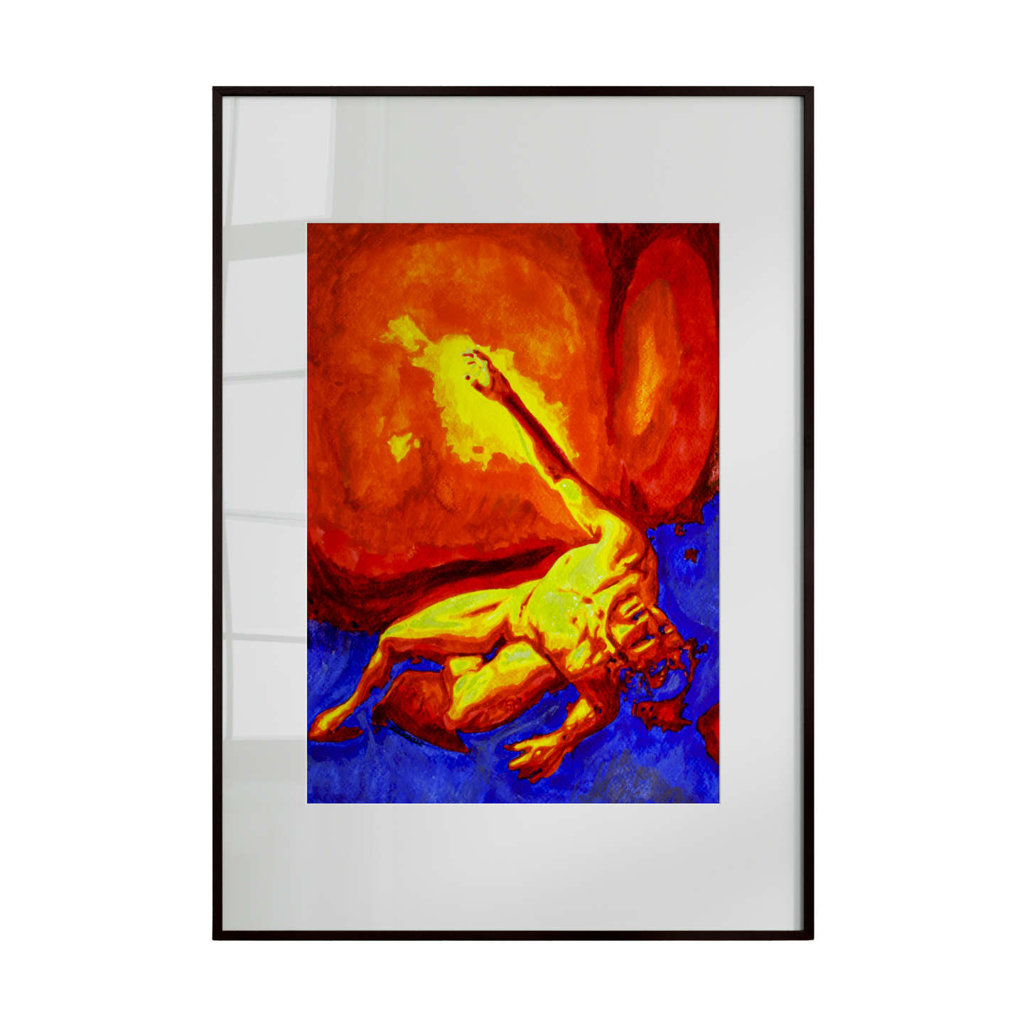 Framed abstract artwork with a lion and fiery background on a white background