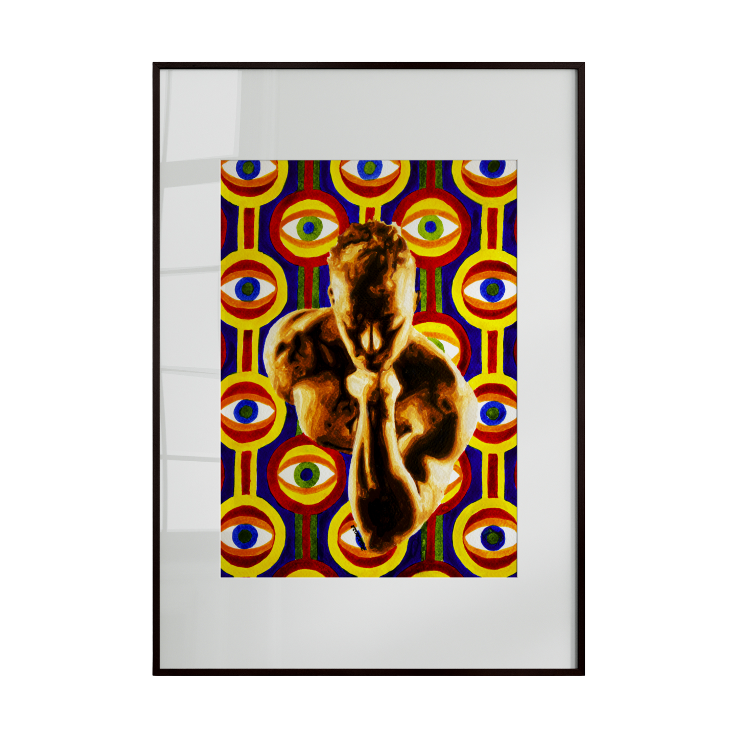 A nude figure stands at the center of the composition, surrounded by a background of numerous stylized eyes forming a wallpaper-like pattern. The artwork explores themes of observation, vulnerability, and self-awareness, blending surrealism with contemporary figurative expression.