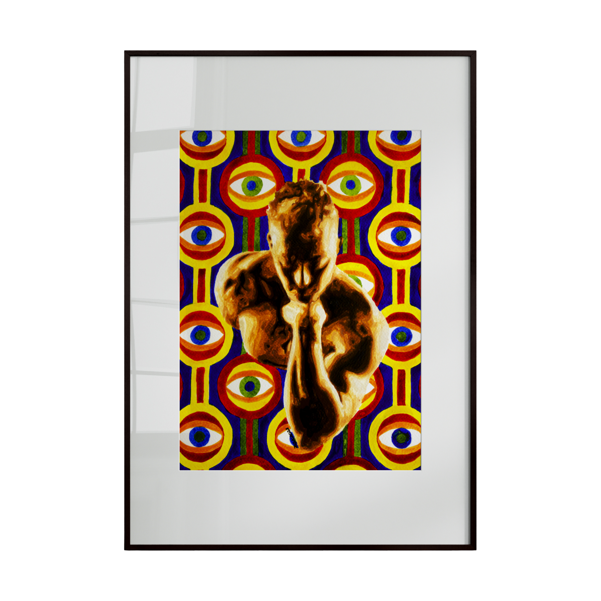 A nude figure stands at the center of the composition, surrounded by a background of numerous stylized eyes forming a wallpaper-like pattern. The artwork explores themes of observation, vulnerability, and self-awareness, blending surrealism with contemporary figurative expression.