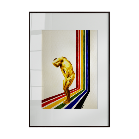 A Mid-Century inspired artwork depicting a male figure with a rainbow flag line incorporated into the composition. Clean lines, bold colors, and retro aesthetics celebrate LGBTQ+ pride, masculinity, and artistic expression.