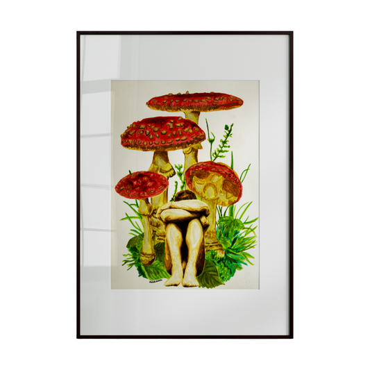 A framed artwork depicting a person sitting atop a large mushroom, surrounded by a whimsical or naturalistic setting. The composition blends playful fantasy with serene contemplation, celebrating imagination and the small wonders of nature.