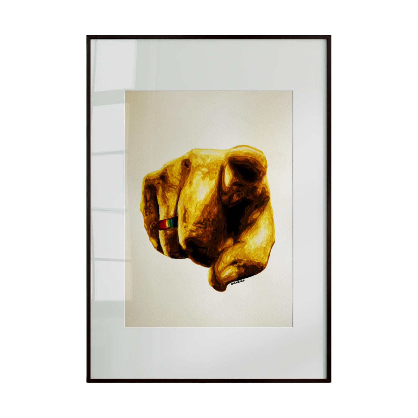 A framed watercolor painting of a gold-colored hand making a pointing gesture against a crisp white background. The simplicity of the composition highlights elegance, symbolism, and striking visual contrast.