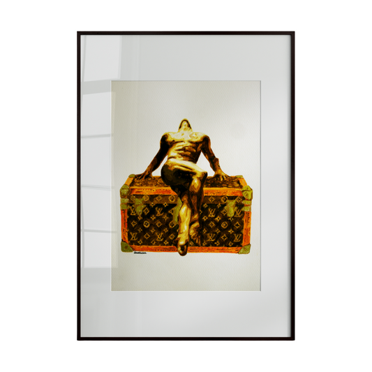 An artistic watercolor panting depicting a nude male figure sitting atop a designer bag with a recognizable fashion logo. The composition blends contemporary fashion iconography with the expressive human form, creating a playful, stylish, and visually striking artwork.