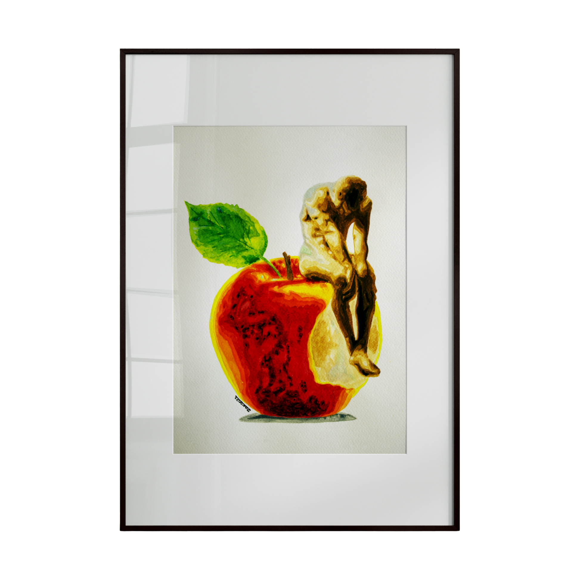 A whimsical artwork depicting a nude figure seated atop a giant apple. The piece combines playful surrealism with expressive human form, creating a colorful and imaginative composition that balances humor and artistry.