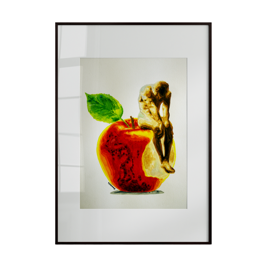 A whimsical artwork depicting a nude figure seated atop a giant apple. The piece combines playful surrealism with expressive human form, creating a colorful and imaginative composition that balances humor and artistry.