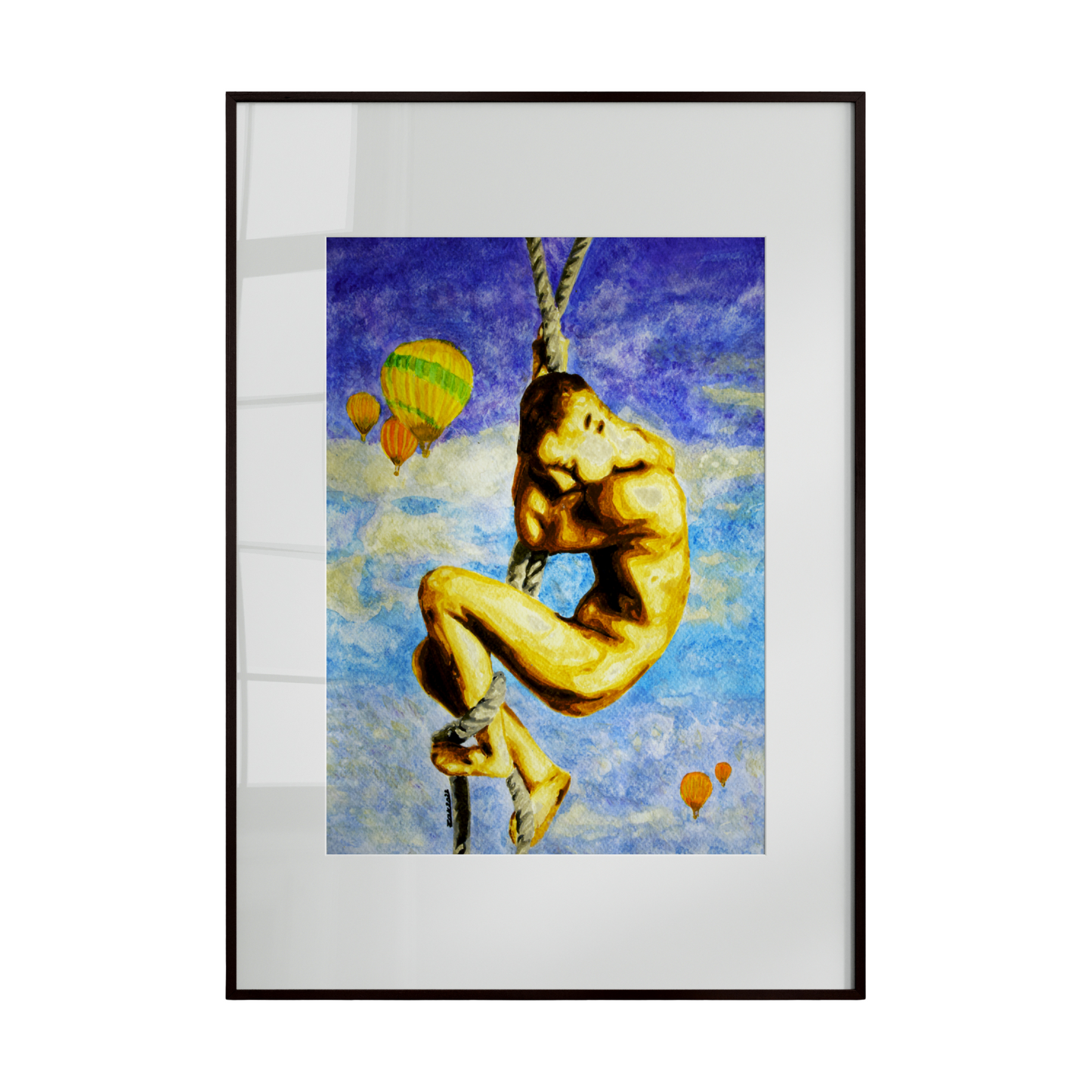 This artwork depicts a nude male figure in a dynamic pose, one hand reaching upward, set against a vivid background of floating balloons and a cloud-filled sky. The composition combines movement, sensuality, and playful color, creating a whimsical yet striking visual impact.