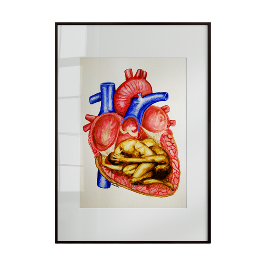 two nude men at the center of a living human heart, their bodies acting as knitting needles that carefully mend and weave its delicate tissue. The fluid nature of watercolor enhances the emotional softness of the scene, allowing colors to bleed and merge like feelings within the heart itself. 
