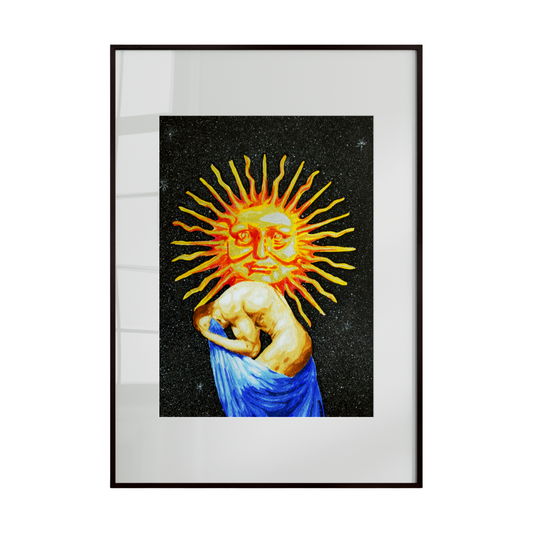 Framed artwork of a sun-like figure with a starry background