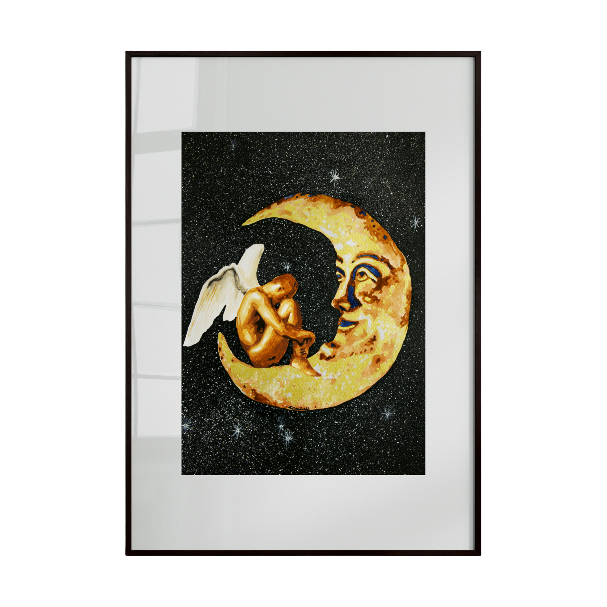 Framed artwork of a moon with a face and a rabbit, on a white background