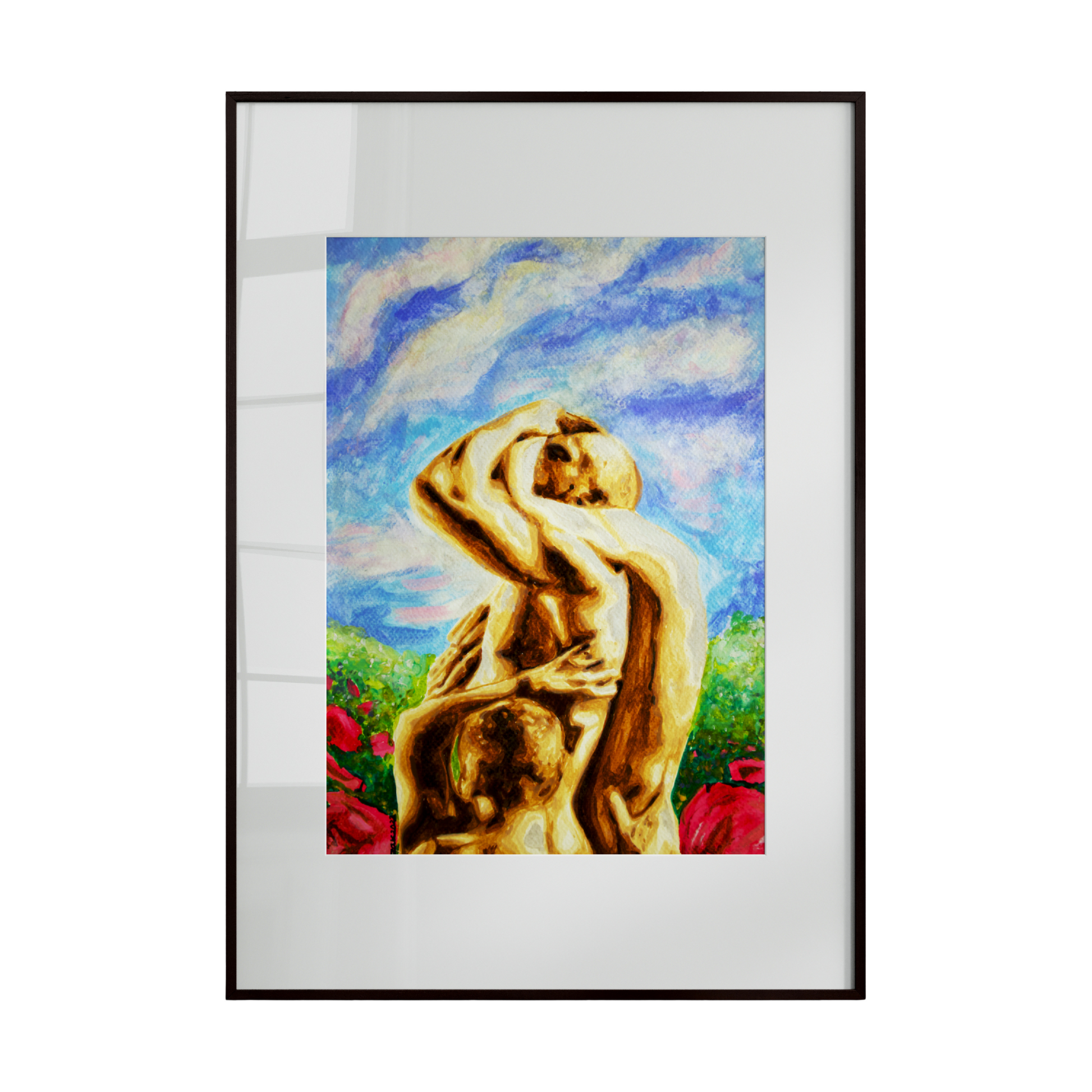 Framed artwork of a nude figure with a colorful background