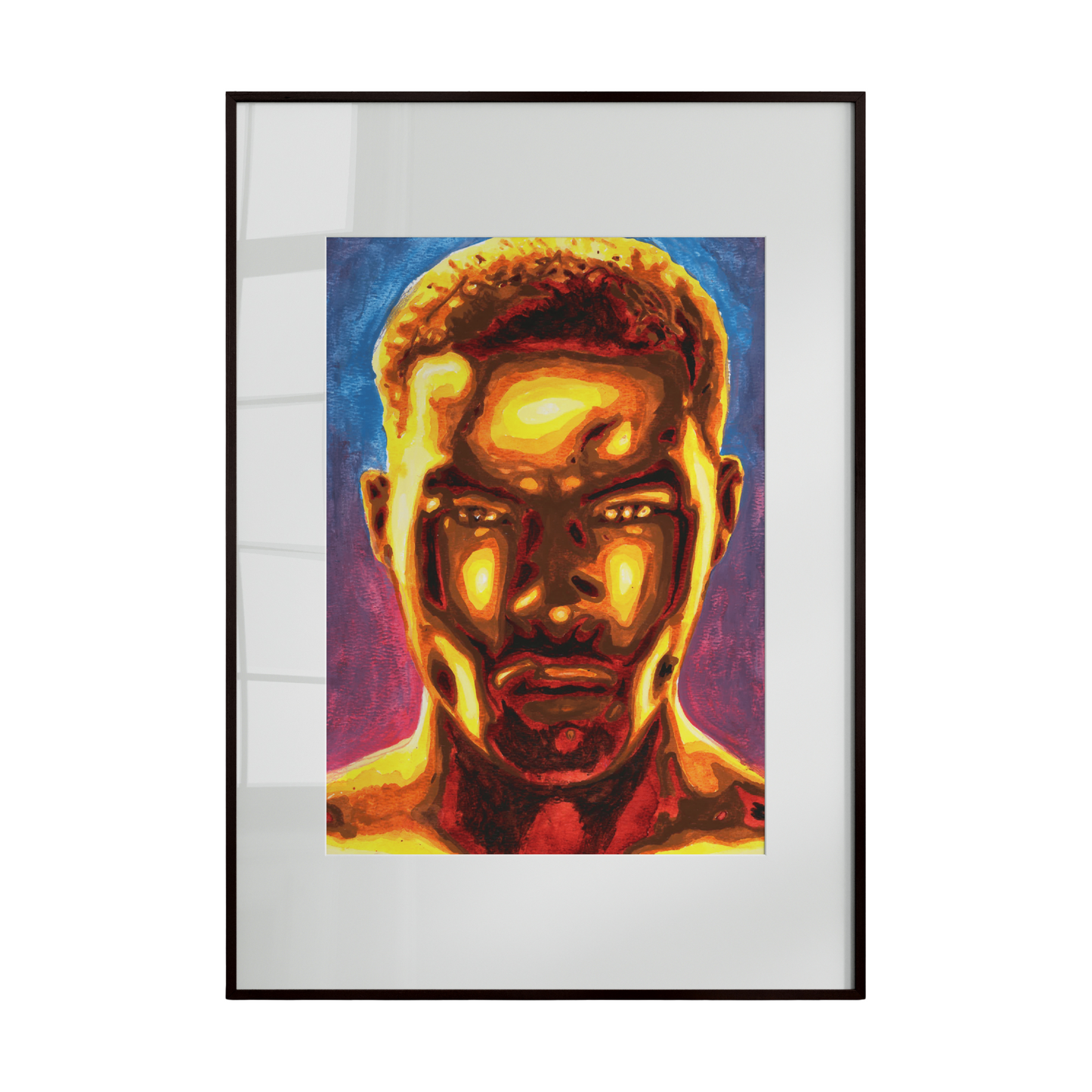 Framed artwork of a stylized portrait with vibrant colors on a white background