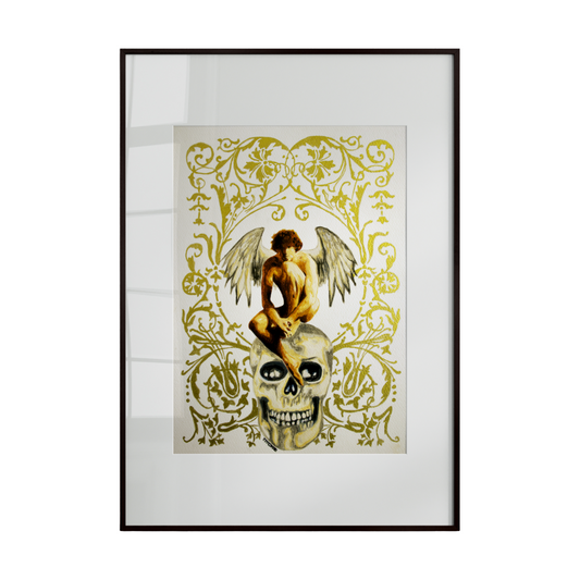 Framed artwork with an angel and skull design on a white background