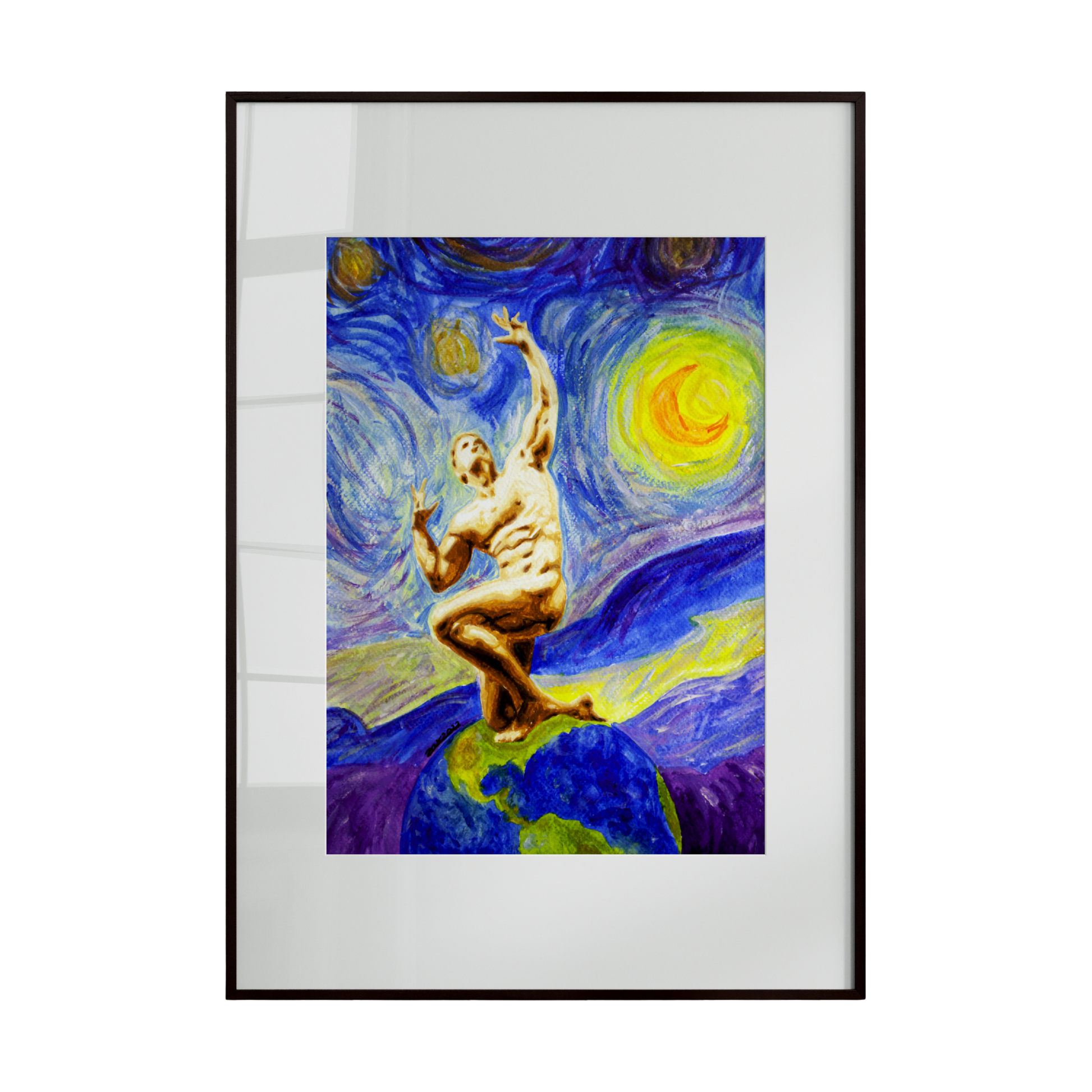A nude male figure sits atop the Earth, set against a cosmic background filled with stars and celestial elements. The artwork combines human form with the vastness of the universe, evoking contemplation, connection, and wonder.