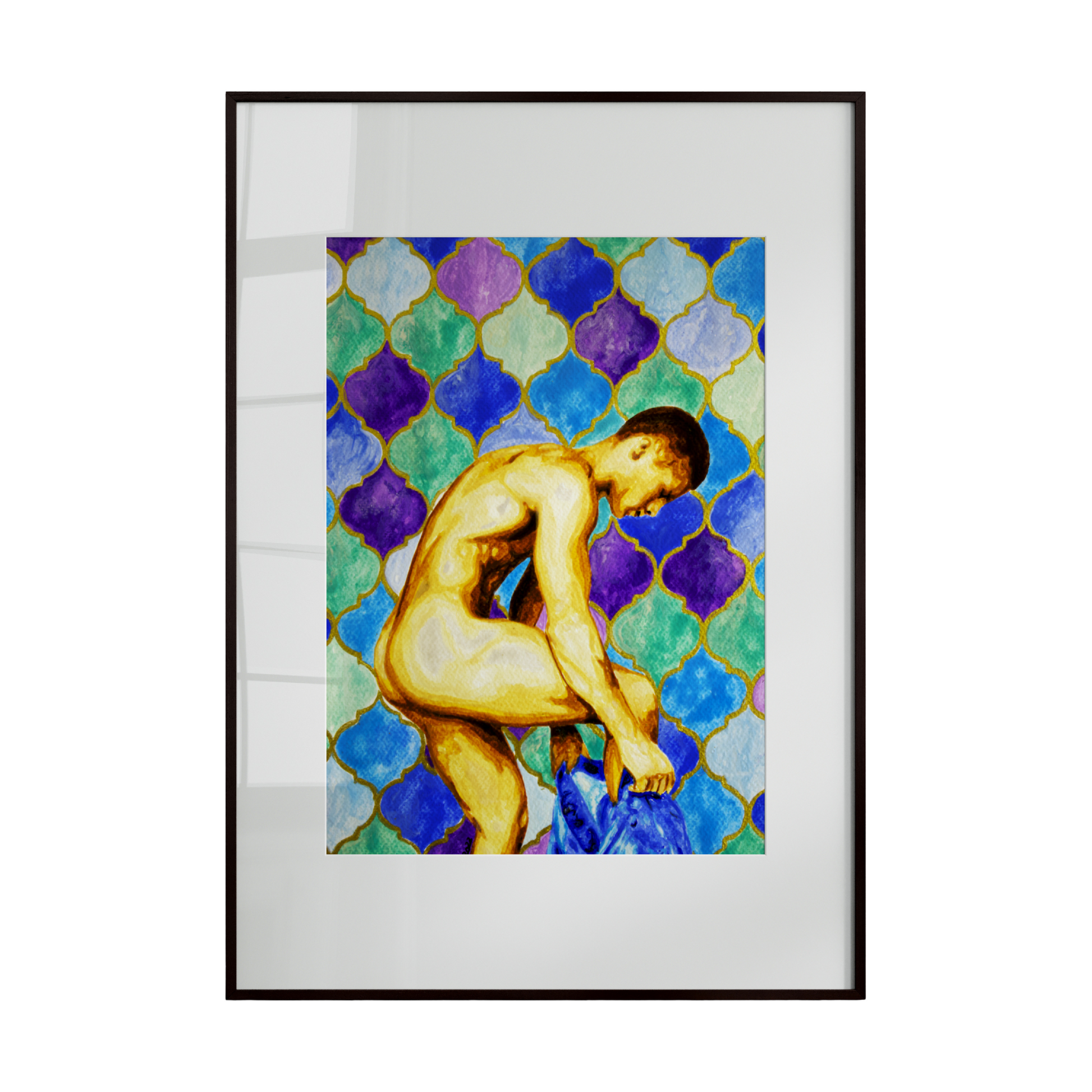 This artwork depicts a partially nude male figure wearing trousers, set against a backdrop of wall leaves layered in blue and green tones. The figure, creating a luminous contrast that emphasizes form, structure, and quiet strength. The composition explores the relationship between the body and its surrounding surfaces.