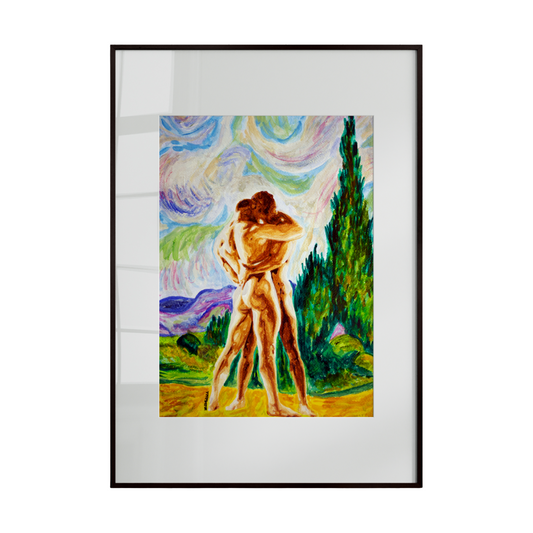Framed artwork of two nude figures embracing in a natural setting.