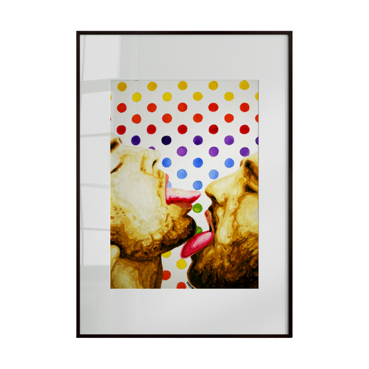 Framed artwork of two dogs kissing with a polka dot background