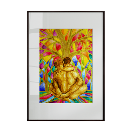 Framed artwork of two people embracing under a colorful tree on a white background