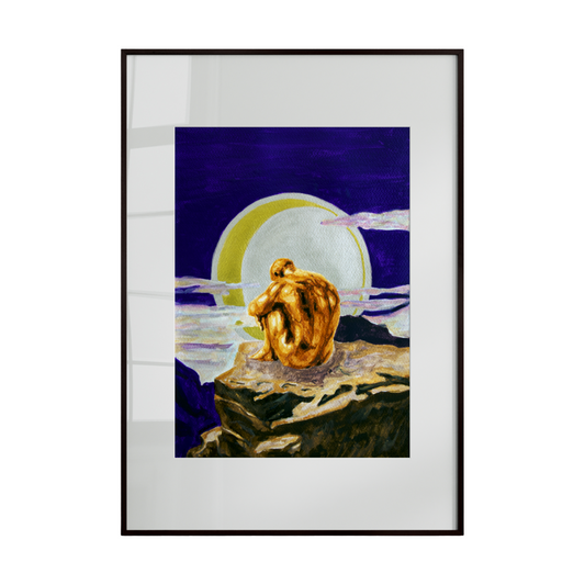 A surrealistic artwork depicting a nude male figure in a contemplative pose beneath a bright, silvery moon. The figure glows in golden hues against a dark, cloud-filled sky, blending introspection, sensuality, and dreamlike atmosphere in a vibrant, emotive composition.