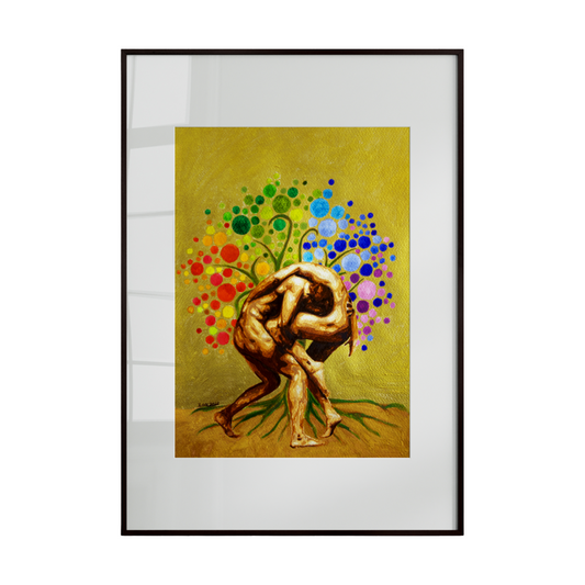 gay couple engaged in a playful and intimate wrestling embrace. The dynamic composition and expressive brushstrokes capture movement, strength, and emotional connection.