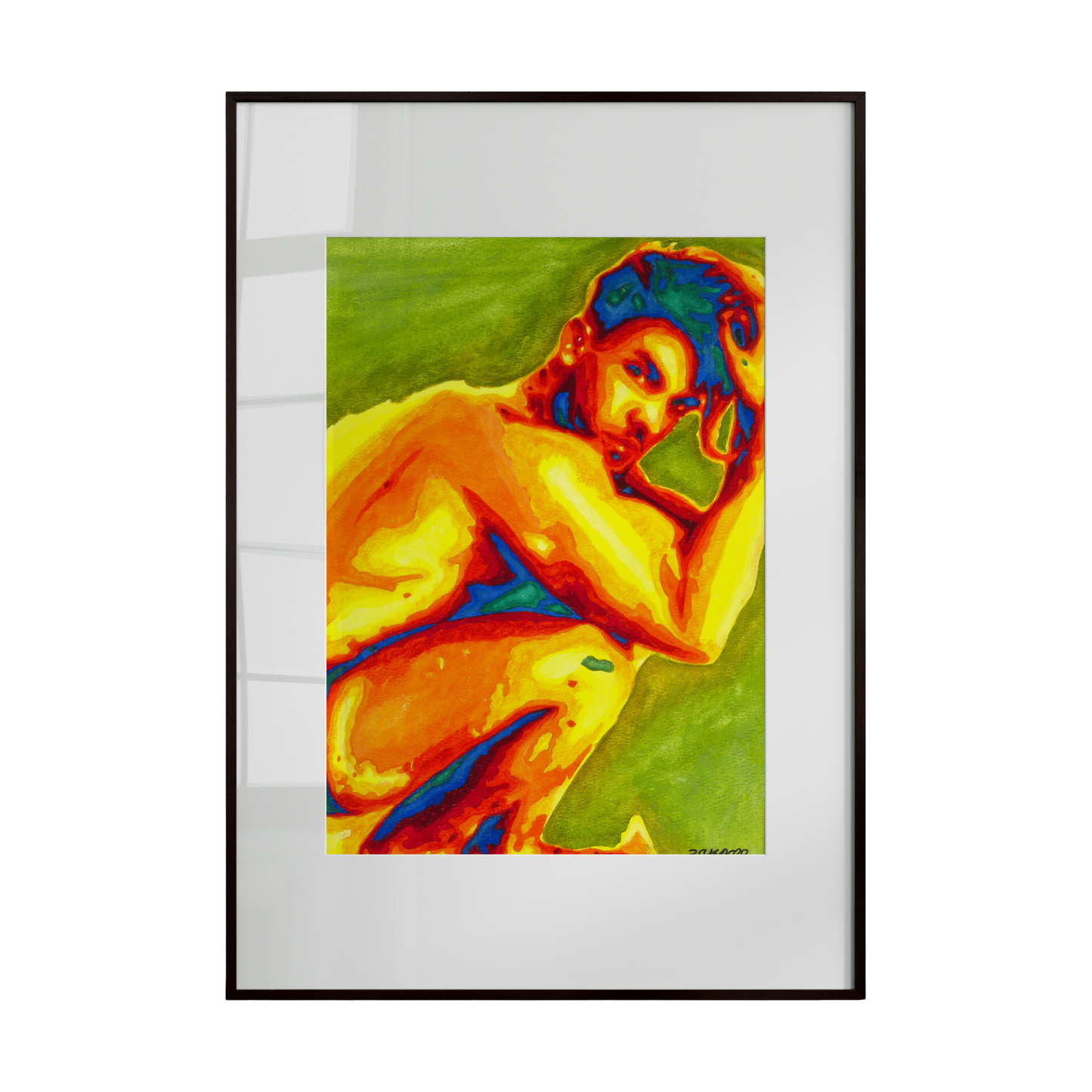 This artwork depicts a male figure in a seated pose, rendered in a modern reinterpretation of Renaissance style. Warm and cool colors overlap dynamically, blending classical form with contemporary abstraction to highlight movement, depth, and visual harmony.