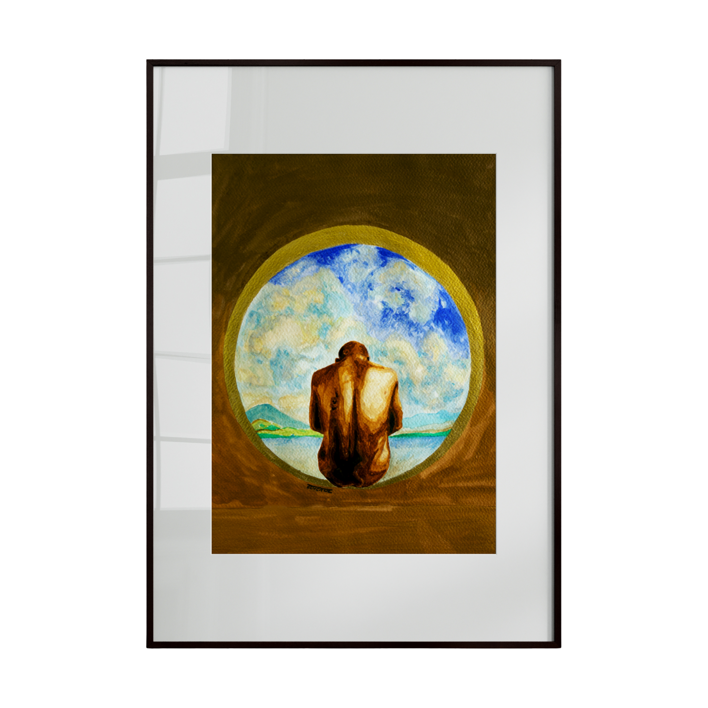 Framed artwork of a person sitting inside a circular doorway with a blue sky view.