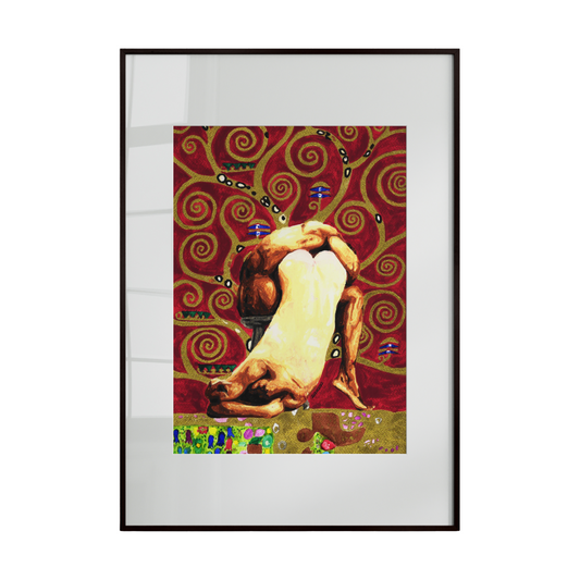 Framed artwork with a stylized depiction of a woman and swirling patterns on a red background.