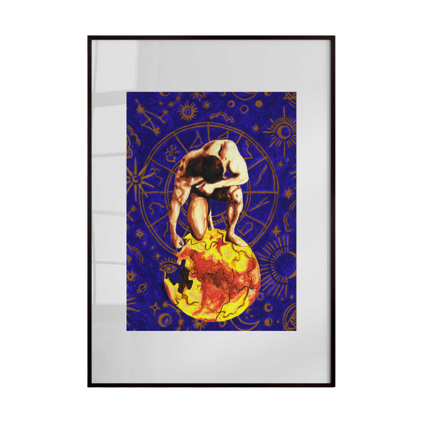 Framed artwork of a nude figure sitting on a planet with astrological symbols in the background.
