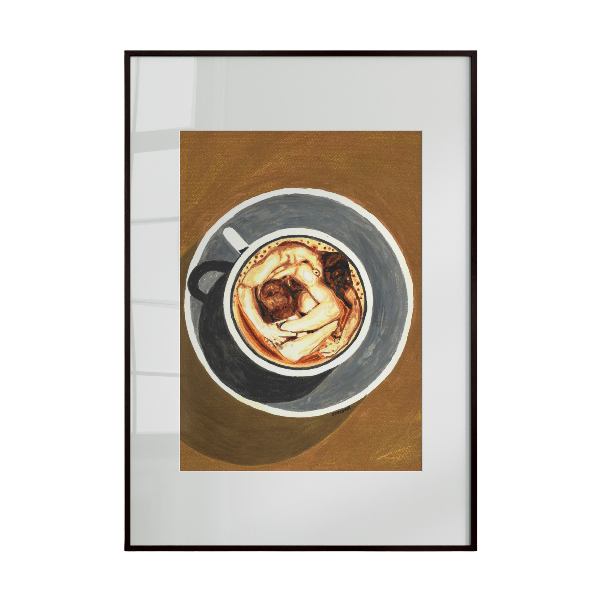 Framed artwork of a coffee cup with a brown background