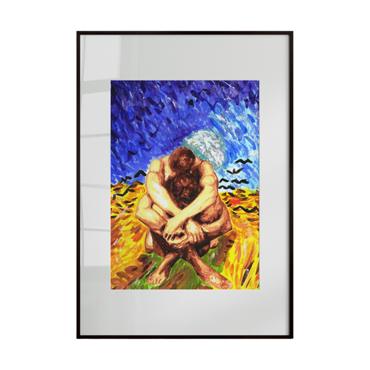 Framed artwork of a figure sitting on a rock with a blue sky and birds in the background.