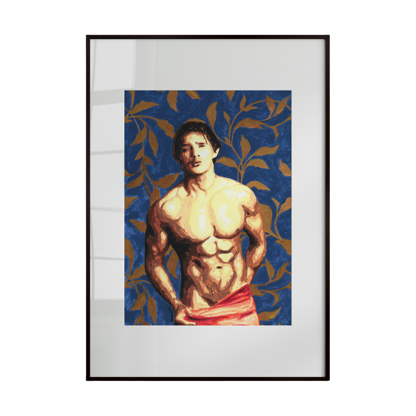 Framed artwork of a shirtless man with a blue patterned background