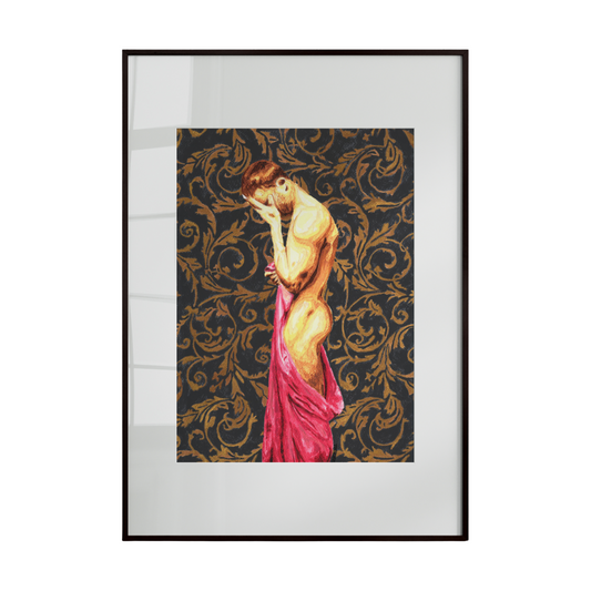 A framed artwork depicting a nude male figure partially draped in soft pink fabric, set against a richly decorative patterned background. The composition balances elegance and sensuality, highlighting the contrast between delicate textile, ornate design, and the strength of the human form.