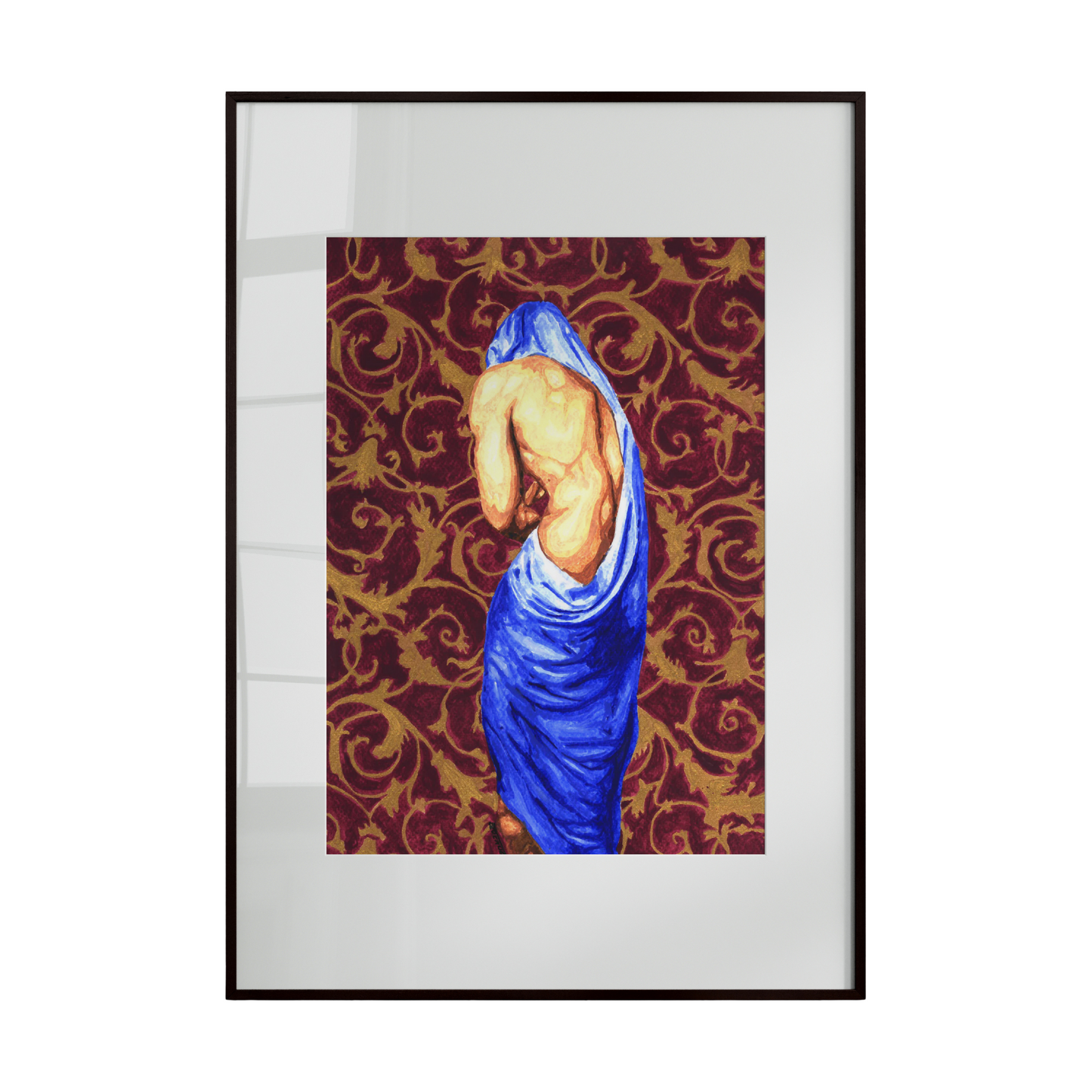 This artwork depicts a nude male figure from the back, partially covered with a flowing blue cloth around his lower body. He stands against a rich red and crimson wallpapered background. The composition highlights the elegance of the human form, the contrast of color, and the interplay between exposure and concealment.