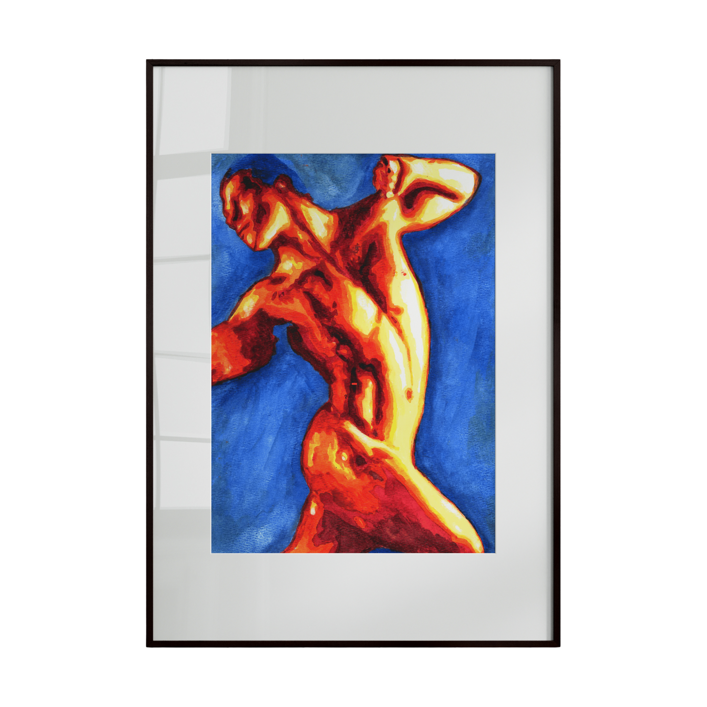 Framed artwork of a nude figure with a colorful abstract design on a white background