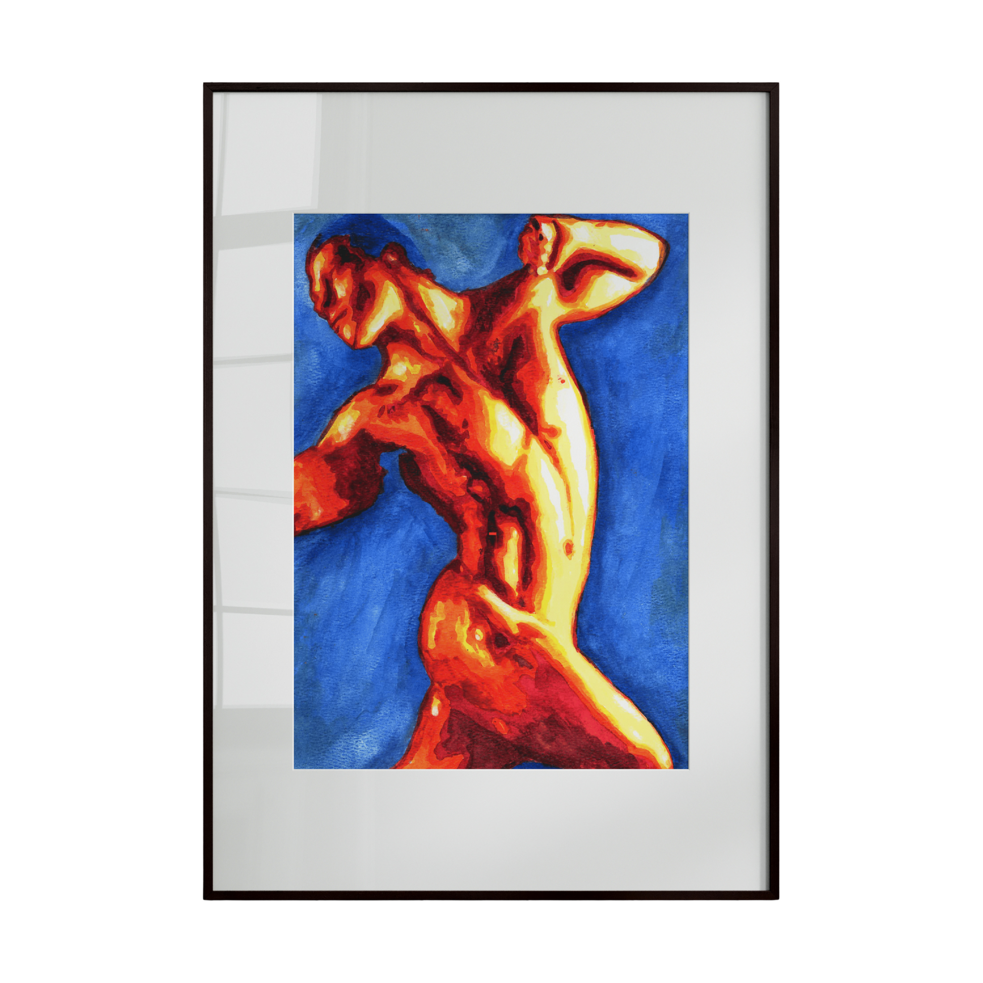 Framed artwork of a nude figure with a colorful abstract design on a white background