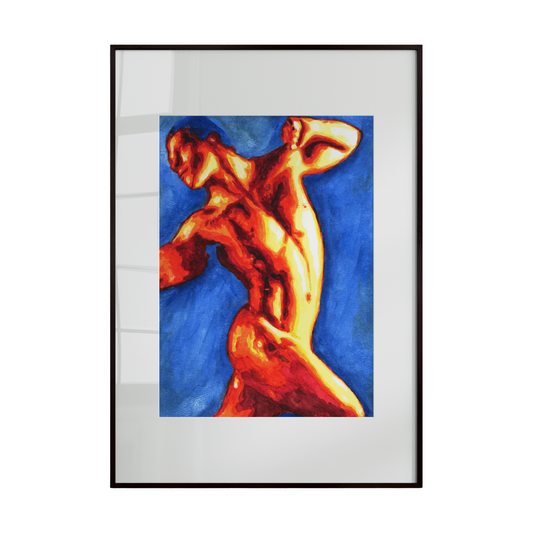 Framed artwork of a nude figure with a colorful abstract design on a white background