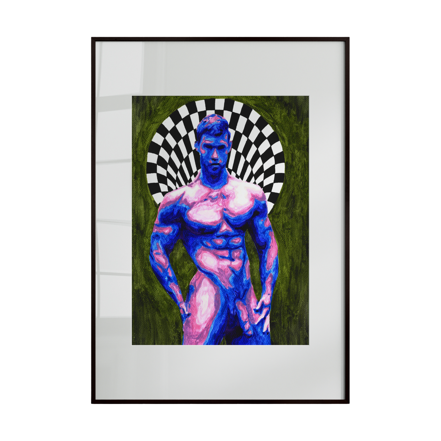 A framed artwork depicting a muscular male figure set against a green background, crowned with a checkered halo. The composition blends strength with symbolism, reimagining the halo as a modern graphic element that suggests identity, balance, and contemporary spirituality.