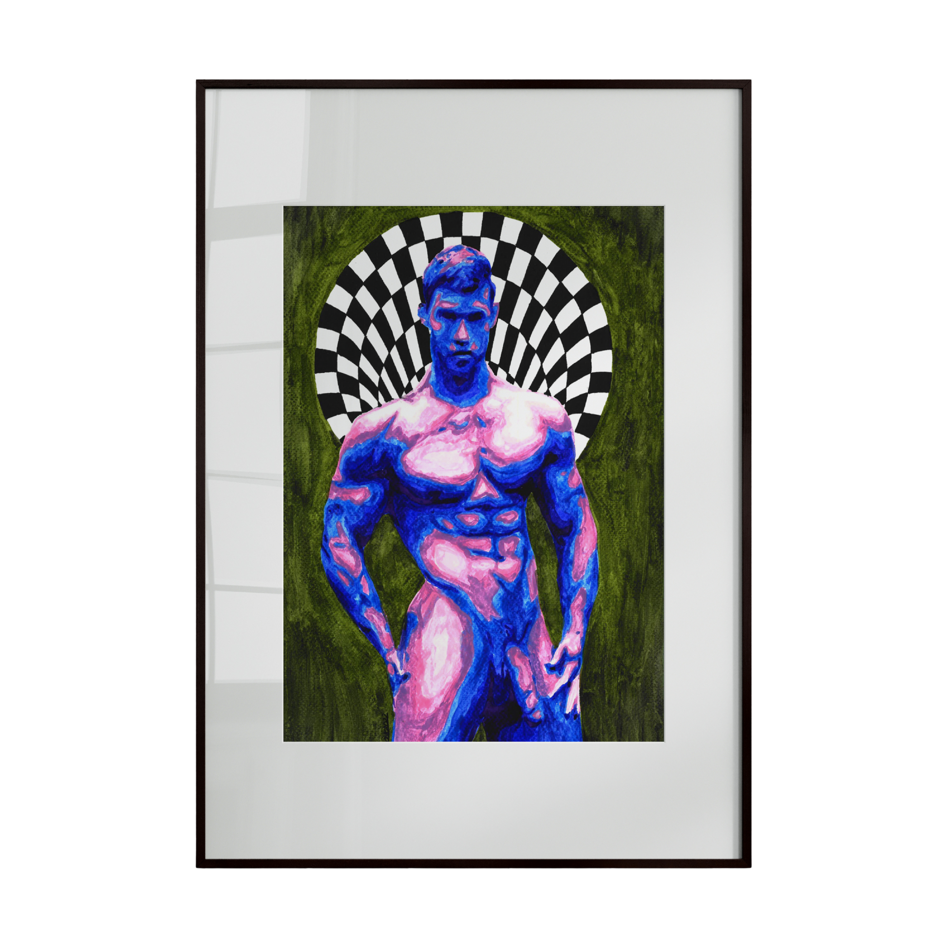 A framed artwork depicting a muscular male figure set against a green background, crowned with a checkered halo. The composition blends strength with symbolism, reimagining the halo as a modern graphic element that suggests identity, balance, and contemporary spirituality.
