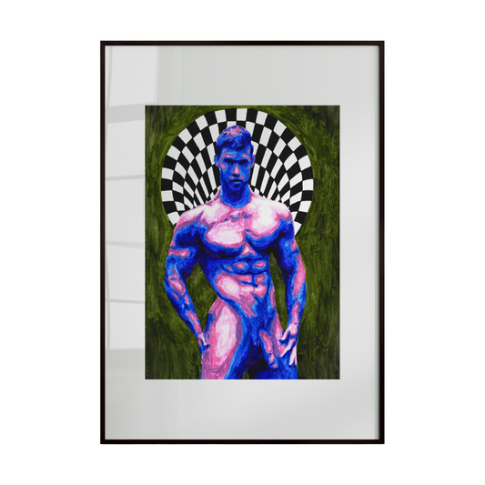 A framed artwork depicting a muscular male figure set against a green background, crowned with a checkered halo. The composition blends strength with symbolism, reimagining the halo as a modern graphic element that suggests identity, balance, and contemporary spirituality.