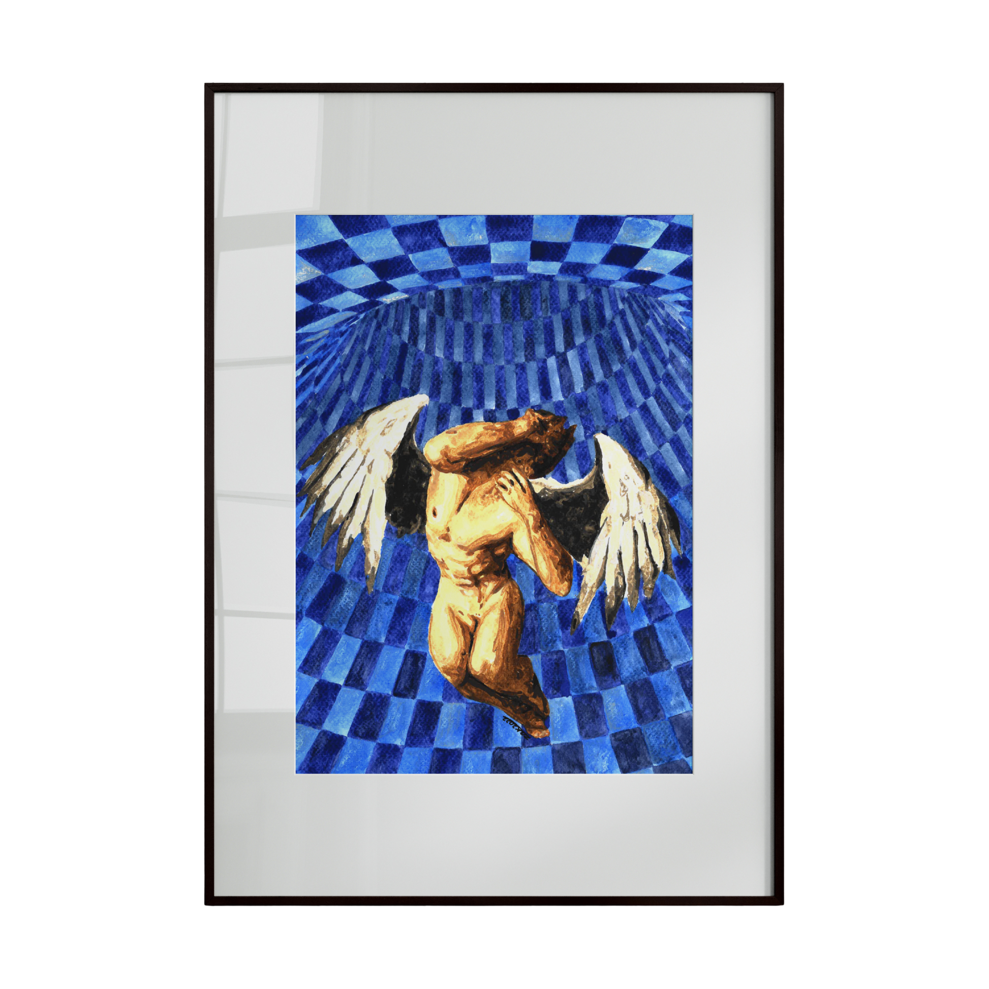 Framed artwork of a winged figure on a blue checkered background