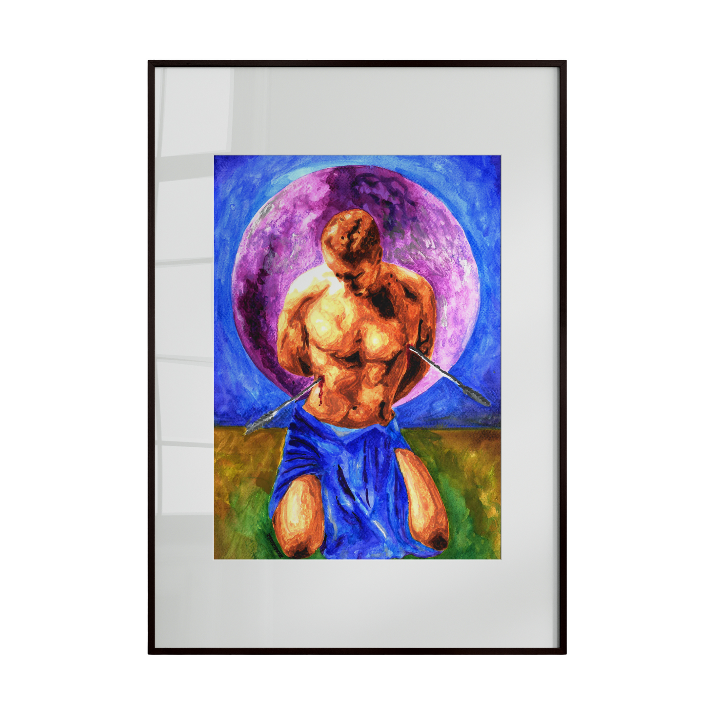 Framed artwork of a muscular figure with a sword against a colorful background.