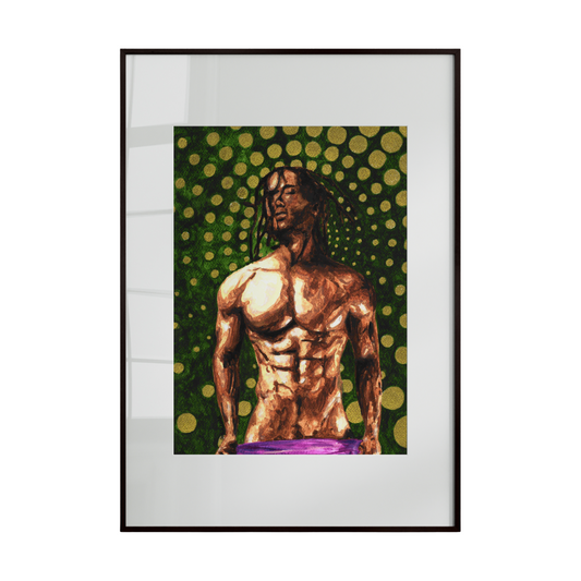 A male nude portrait rendered in bold, vibrant colors with a retro-inspired aesthetic. The artwork captures erotic essence through dynamic composition, striking hues, and expressive visual energy, celebrating sensuality and human form.