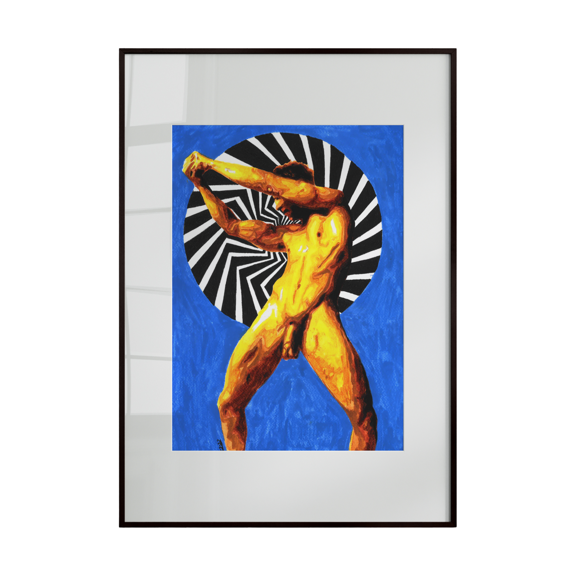 This artwork presents a nude male figure in a vintage, sensual pose against a dynamic, swirling blue and white background. The composition creates a sense of movement and mystery, blending classic erotic form with bold, contemporary visual energy.
