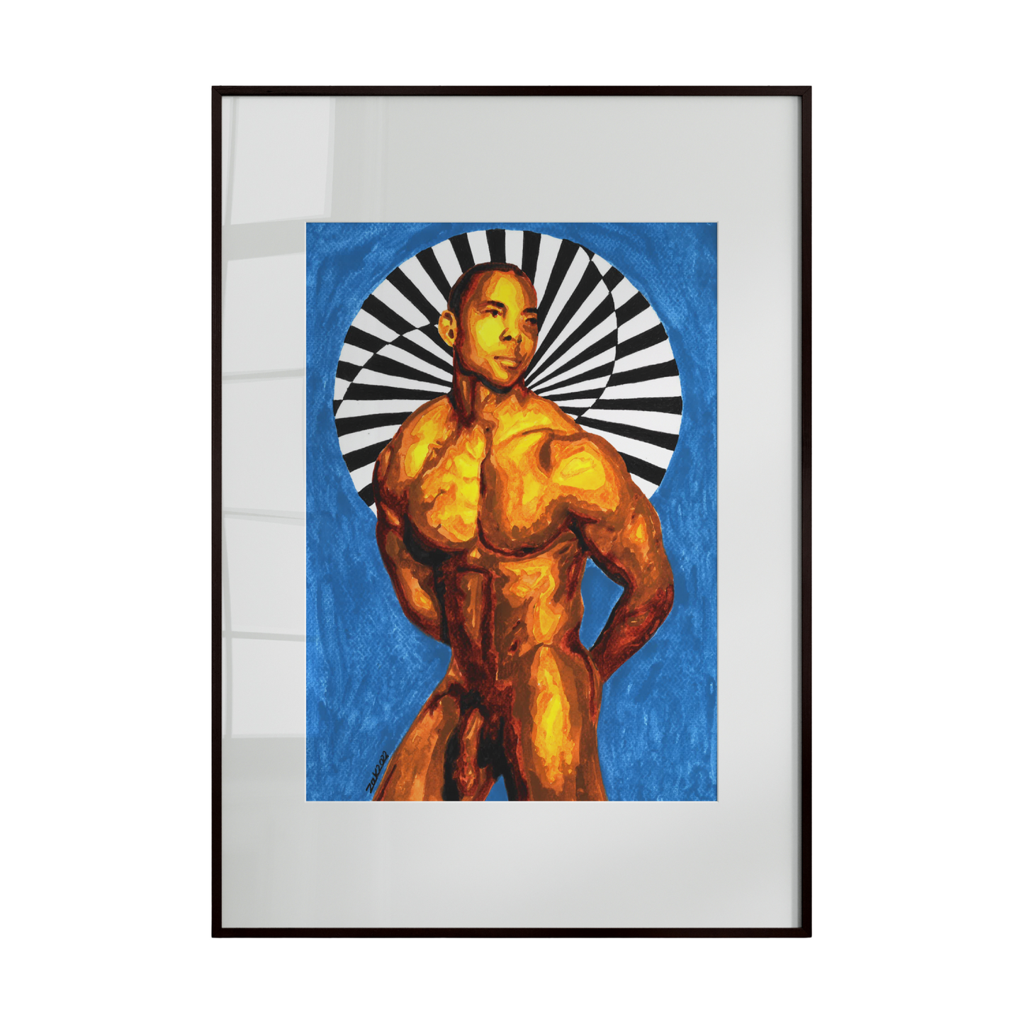 This artwork depicts a nude Black male figure with a muscular, athletic physique, standing against a deep blue background. A decorative circular motif surrounds his head, emphasizing strength, presence, and a sense of reverence. The composition blends bold form with symbolic elegance, creating a striking visual impact.