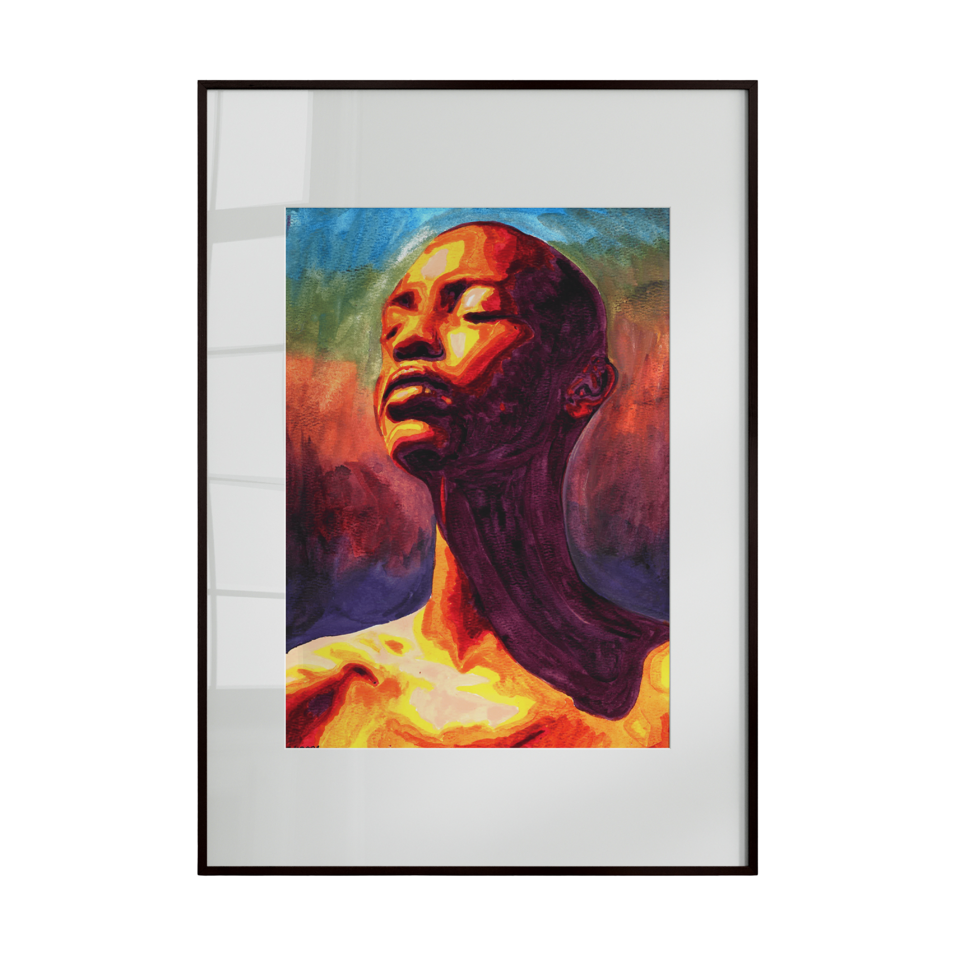 Framed artwork of a stylized face with abstract colors on a white background